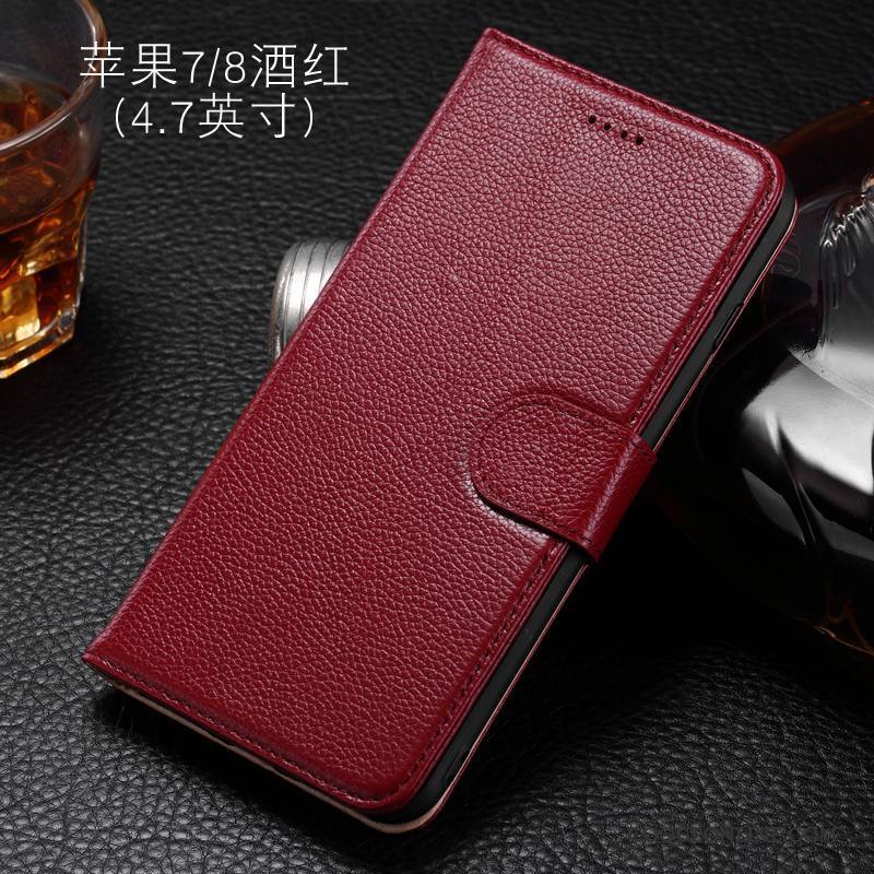 iPhone 8 Coque Étui En Cuir Incassable Protection Clamshell Vin Rouge Cuir Véritable Tout Compris