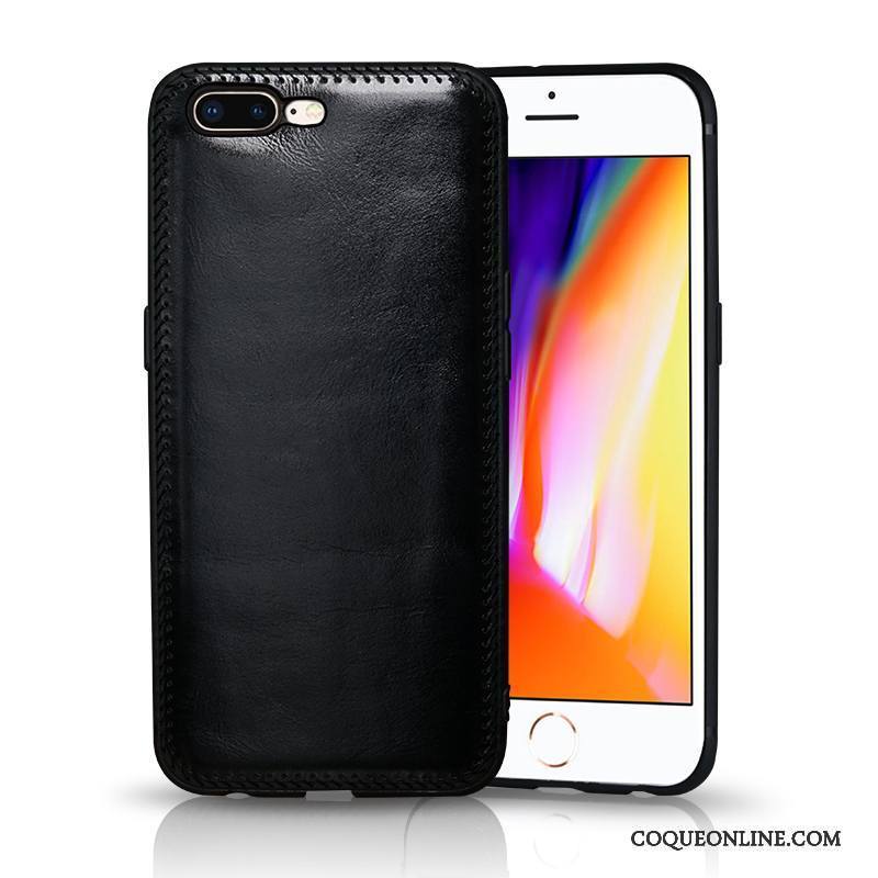 iPhone 8 Plus Coque Manuel Étui En Cuir Protection Cuir Véritable Personnalité Noir Très Mince