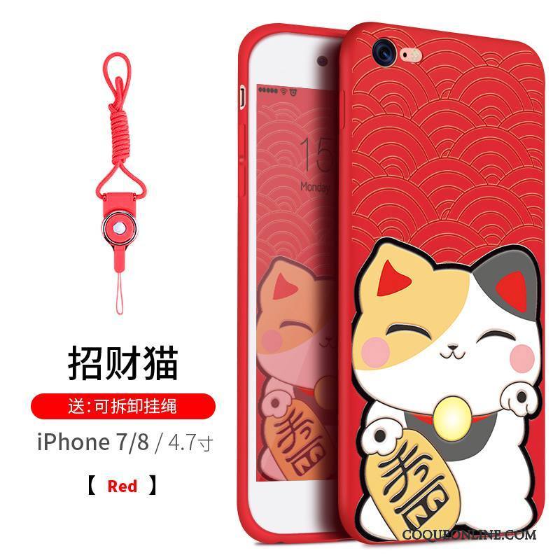 iPhone 8 Plus Coque Silicone Richesse Tout Compris Chat Tendance Rouge Ornements Suspendus