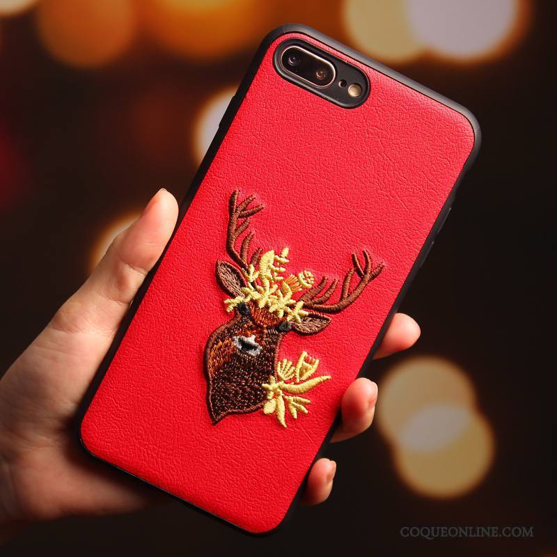 iPhone 8 Protection Rouge Prune Broderie Cerf Étui Coque De Téléphone