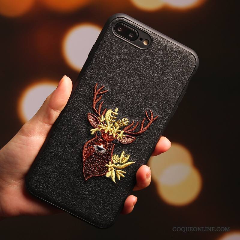 iPhone 8 Protection Rouge Prune Broderie Cerf Étui Coque De Téléphone