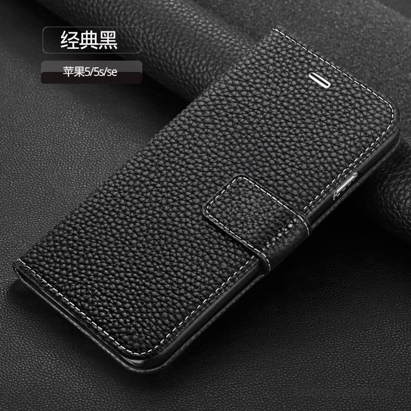 iPhone Se Clamshell Portefeuille Incassable Étui Coque De Téléphone Noir Étui En Cuir