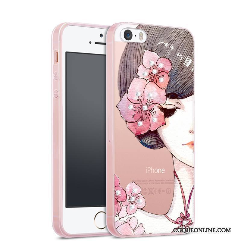 iPhone Se Coque Rose Silicone Tout Compris Étui Transparent Incassable Strass