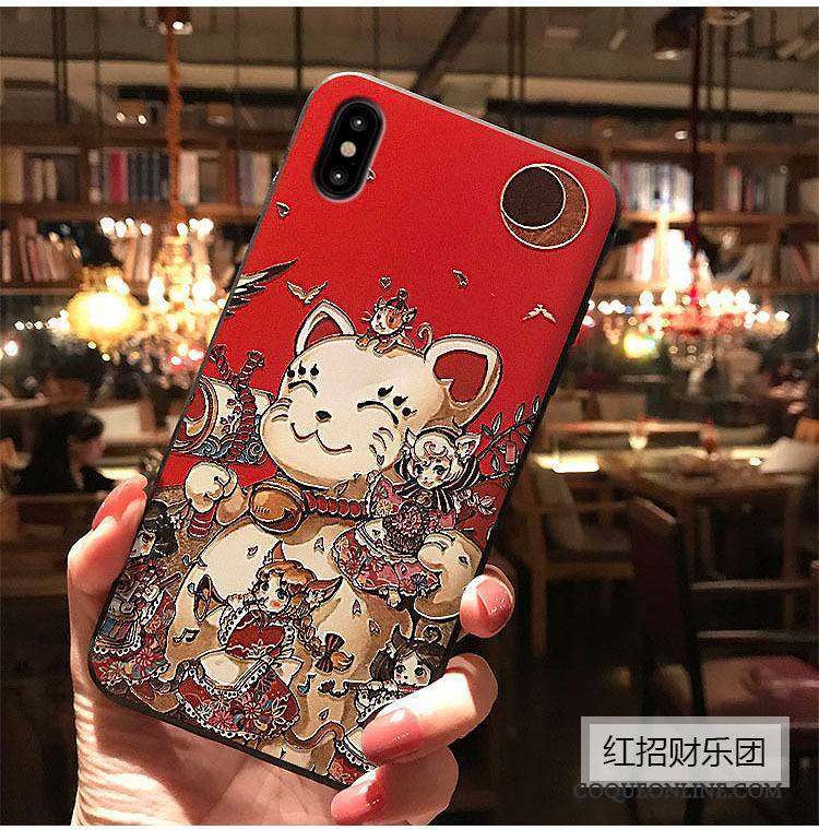 iPhone X Coque Rouge Créatif Gaufrage Chat Peinture Charmant Richesse