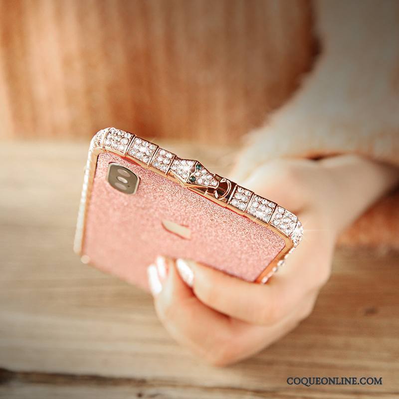 iPhone X Étui Délavé En Daim Métal Strass Rose Coque De Téléphone Incruster Strass