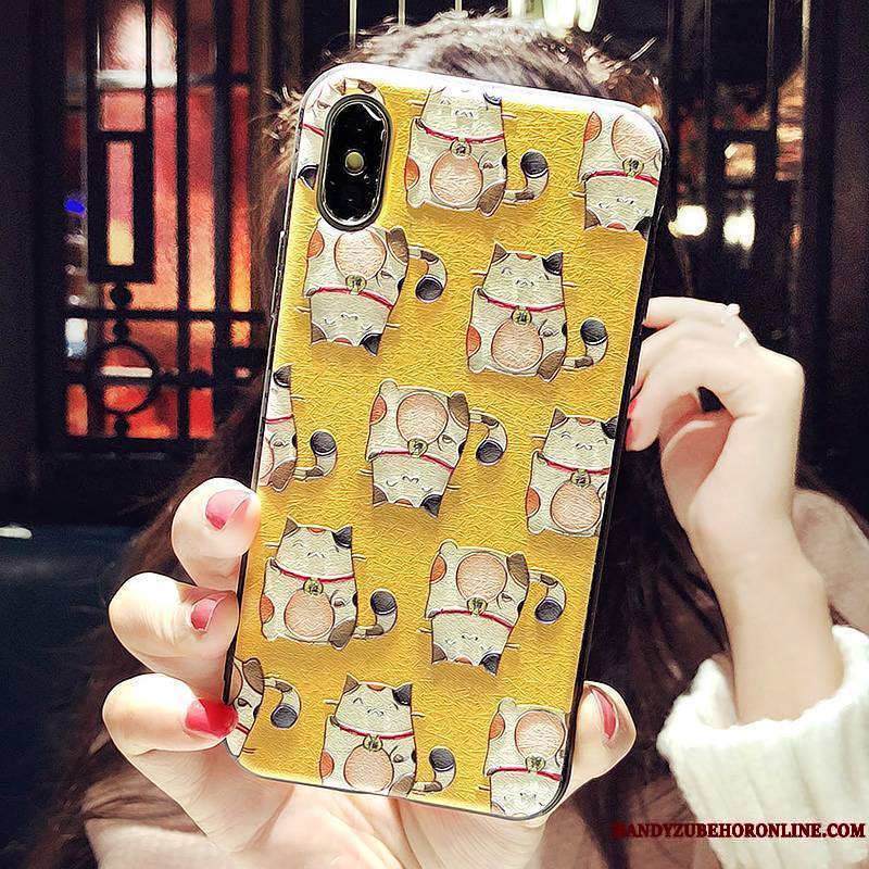 iPhone Xs Coque De Téléphone Jaune Chat Charmant Richesse Gaufrage Fluide Doux