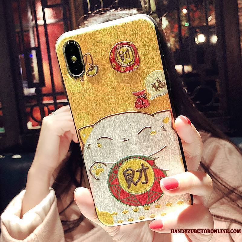 iPhone Xs Coque De Téléphone Jaune Chat Charmant Richesse Gaufrage Fluide Doux