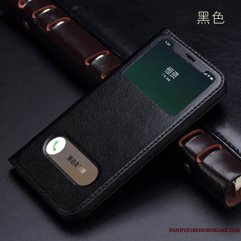 iPhone Xs Max Coque Téléphone Portable Cuir Véritable Housse Incassable Étui Ouvrir La Fenêtre Vin Rouge