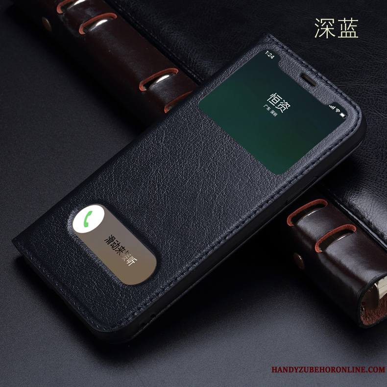 iPhone Xs Max Coque Téléphone Portable Cuir Véritable Housse Incassable Étui Ouvrir La Fenêtre Vin Rouge