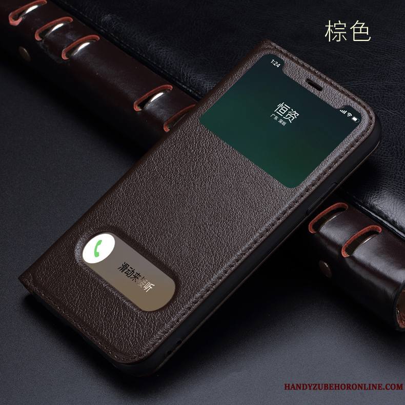 iPhone Xs Max Coque Téléphone Portable Cuir Véritable Housse Incassable Étui Ouvrir La Fenêtre Vin Rouge