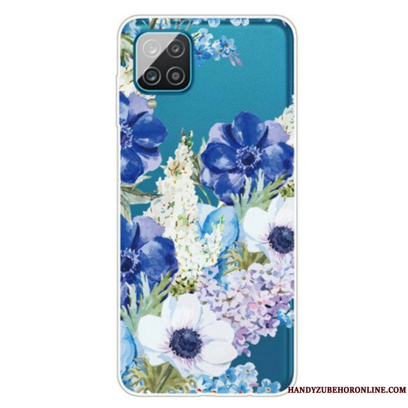 Coque Samsung Galaxy A12 / M12 Transparente Fleurs Bleues Aquarelle