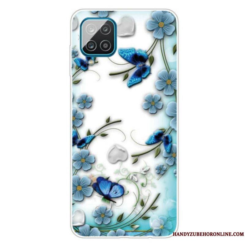 Coque Samsung Galaxy A12 / M12 Transparente Papillons et Fleurs Rétros