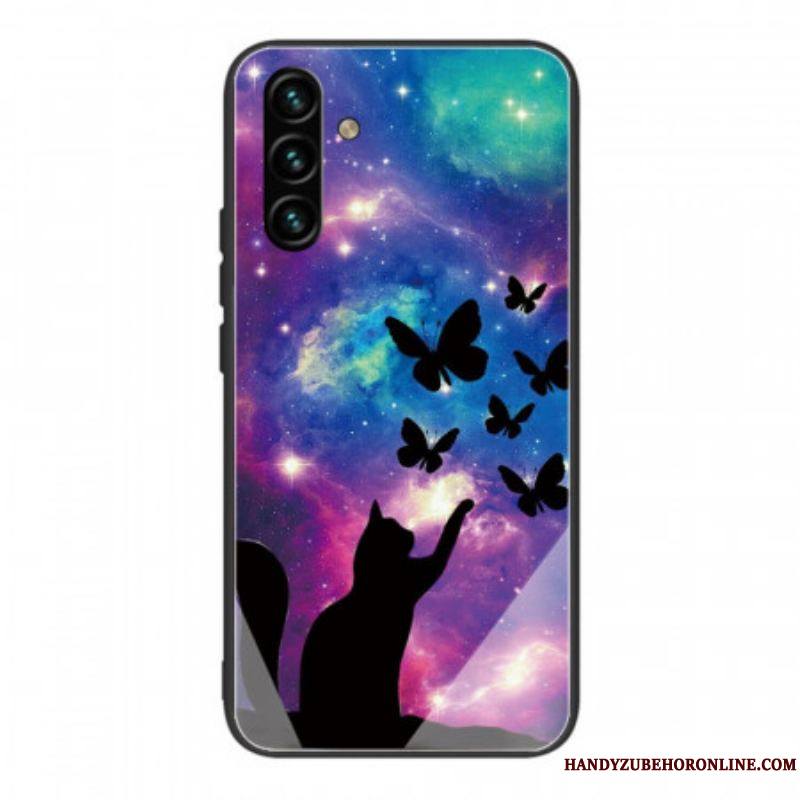 Coque Samsung Galaxy A13 5G / A04s Verre Trempé Chat et Papillons Dans l'Espace