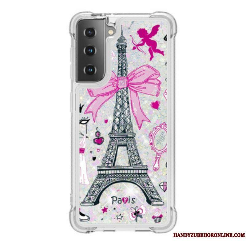 Coque Samsung Galaxy S21 5G La Tour Eiffel Paillettes