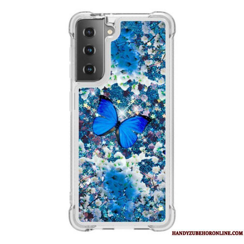 Coque Samsung Galaxy S21 5G Papillons Bleus Paillettes