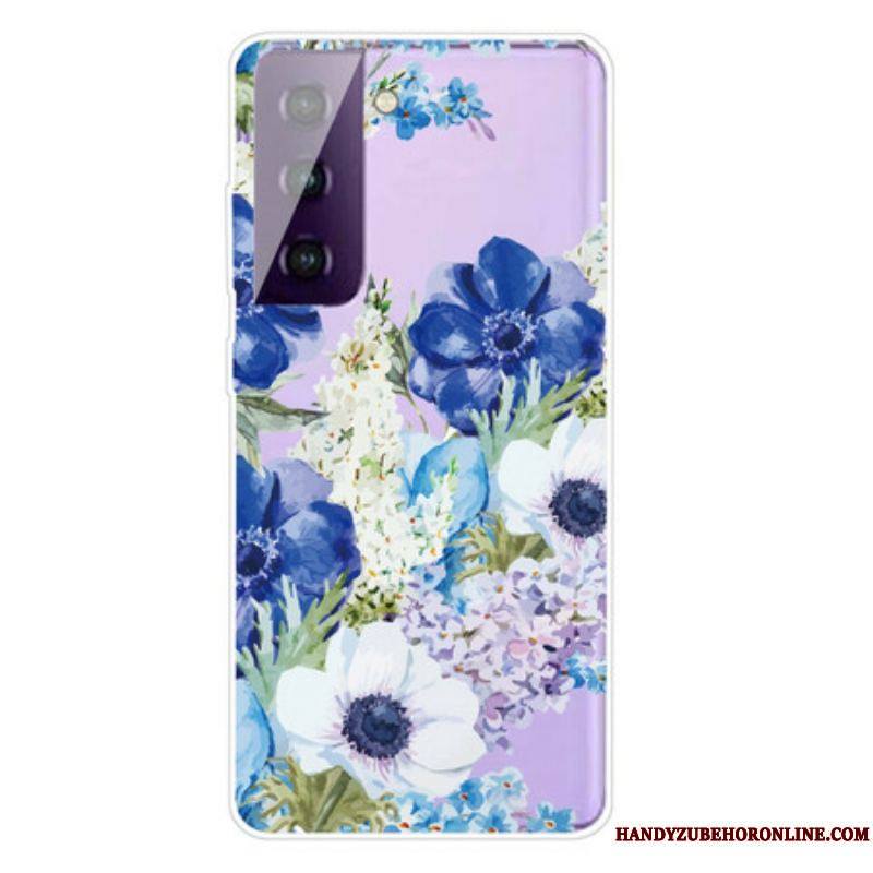 Coque Samsung Galaxy S21 FE Fleurs Bleues Aquarelle