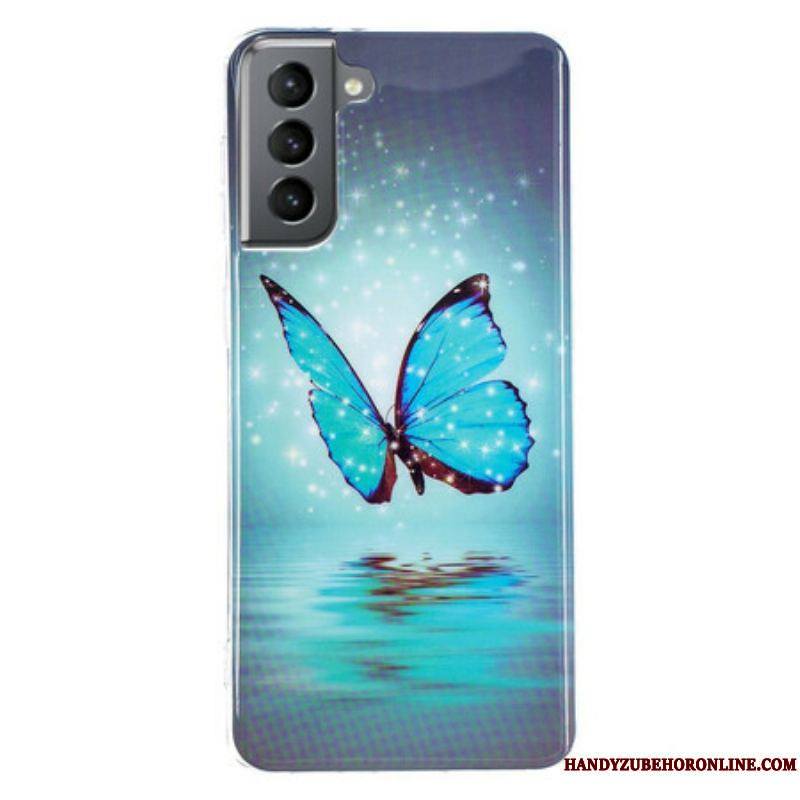 Coque Samsung Galaxy S21 FE Papillon Bleu Fluorescente