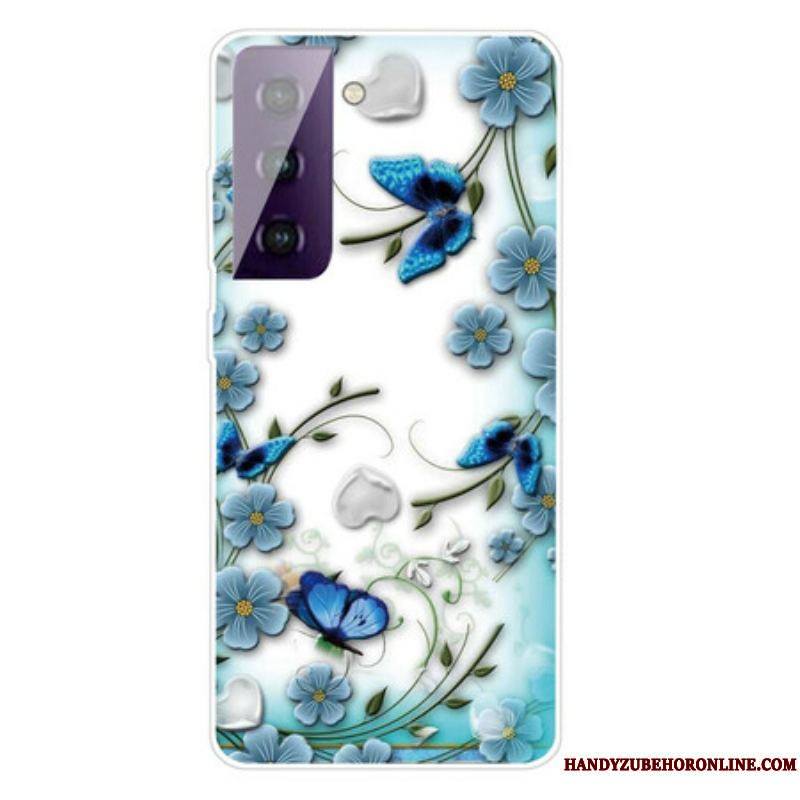 Coque Samsung Galaxy S21 FE Papillons et Fleurs Rétros