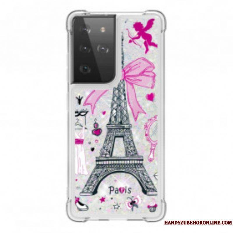 Coque Samsung Galaxy S21 Ultra 5G La Tour Eiffel Paillettes