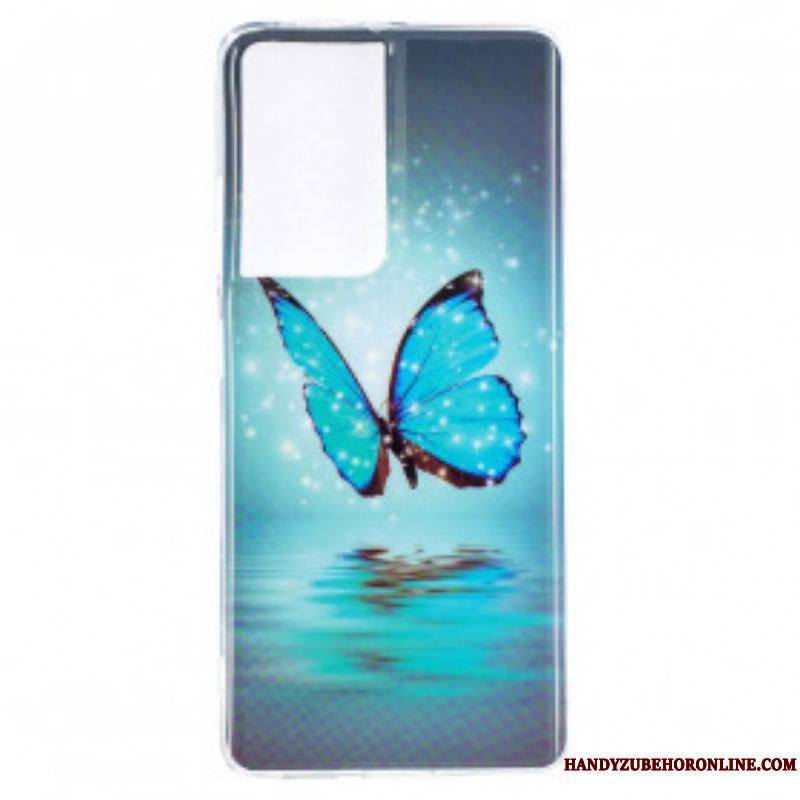 Coque Samsung Galaxy S21 Ultra 5G Papillon Bleu Fluorescente