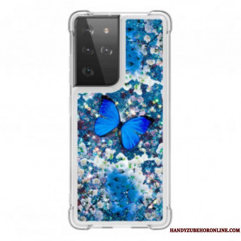 Coque Samsung Galaxy S21 Ultra 5G Papillons Bleus Paillettes