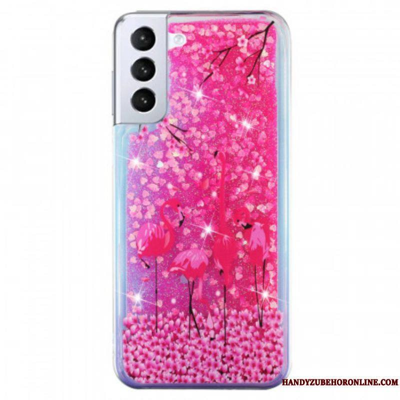 Coque Samsung Galaxy S22 5G Paillettes Flamants Roses