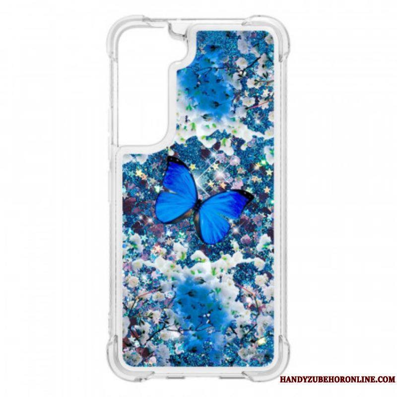 Coque Samsung Galaxy S22 5G Papillons Bleus Paillettes