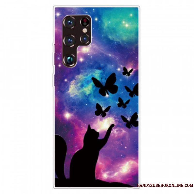 Coque Samsung Galaxy S22 Ultra 5G Chat et Papillons Dans l'Espace