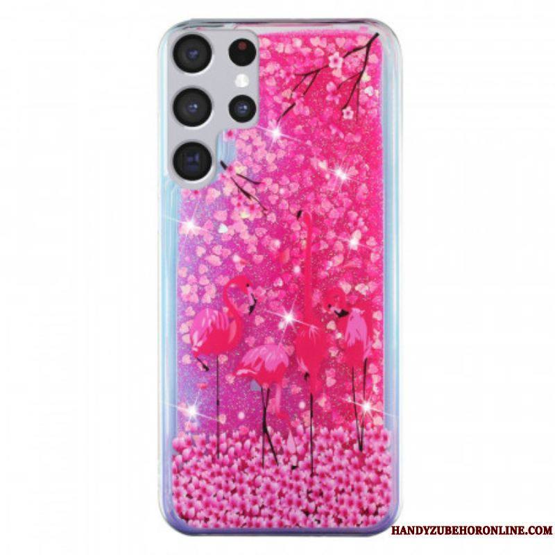 Coque Samsung Galaxy S22 Ultra 5G Paillettes Flamants Roses