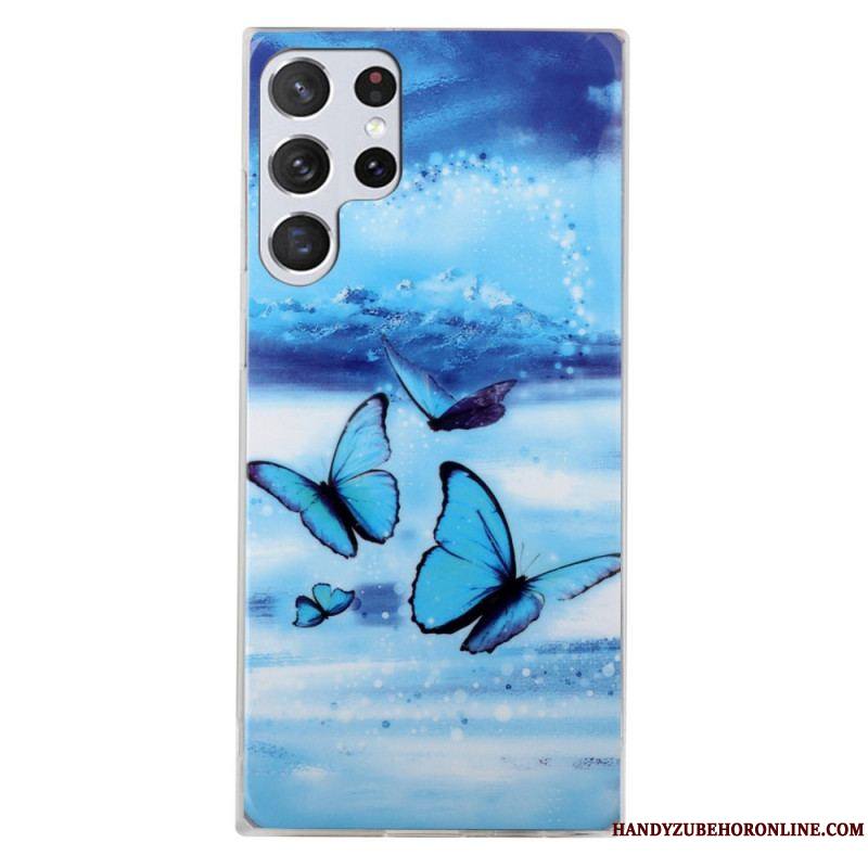 Coque Samsung Galaxy S22 Ultra 5G Papillons Bleus Fluorescente