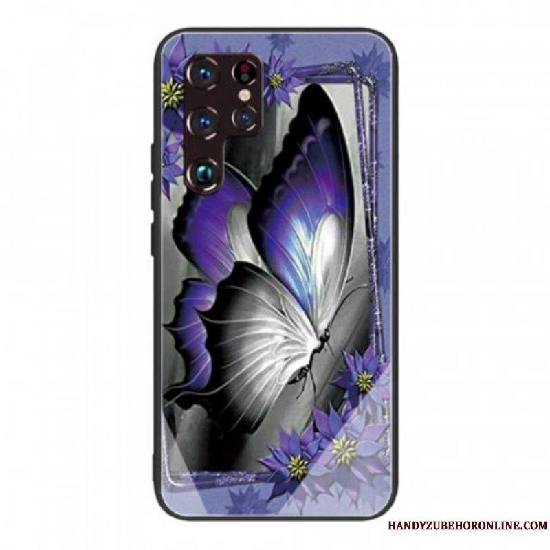 Coque Samsung Galaxy S22 Ultra 5G Verre Trempé Papillon Violet