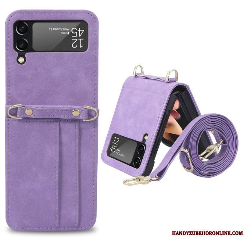 Coque Samsung Galaxy Z Flip 4 Style Cuir Porte-Cartes et Lanière