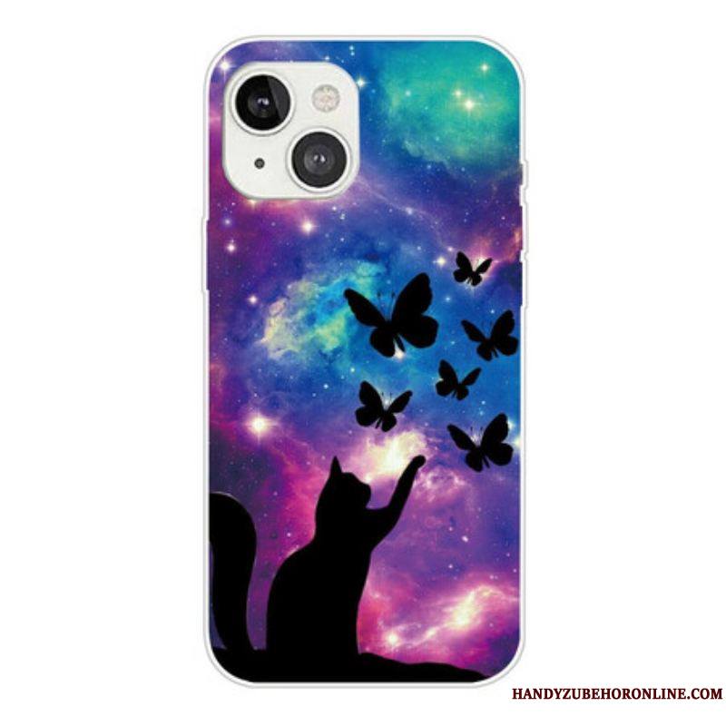 Coque iPhone 13 Mini Chat et Papillons Dans l'Espace