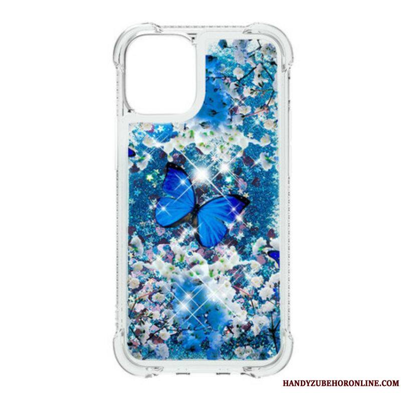 Coque iPhone 13 Pro Max Papillons Bleus Paillettes