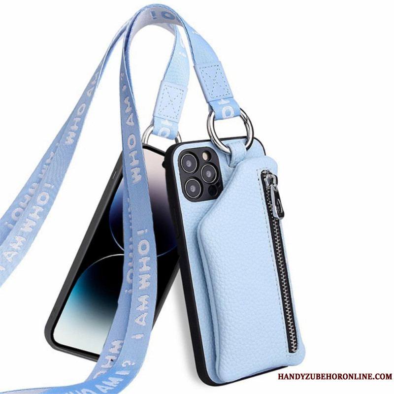 Coque iPhone 14 Pro Max Porte Monnaie et Lanière