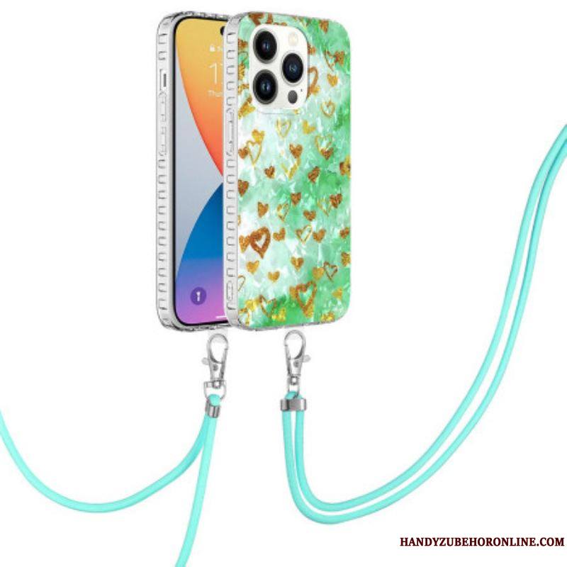 Coque iPhone 14 Pro à Cordon Coeurs Stylés