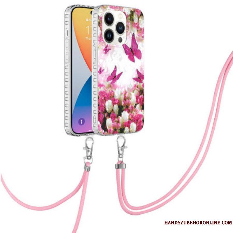 Coque iPhone 14 Pro à Cordon Papillons Stylés