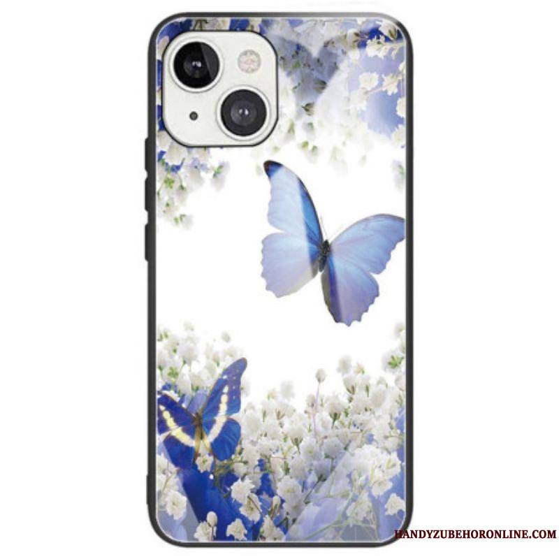 Coque iPhone 14 Verre Trempé Papillons Bleus