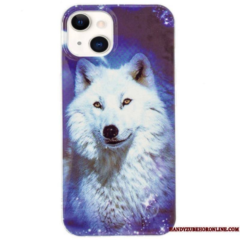 Coque iPhone 15 Plus Fluorescente Loup Blanc