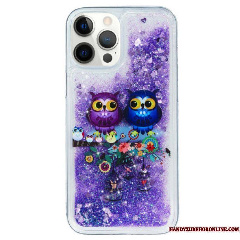 Coque iPhone 15 Pro Paillettes Couple de Hiboux