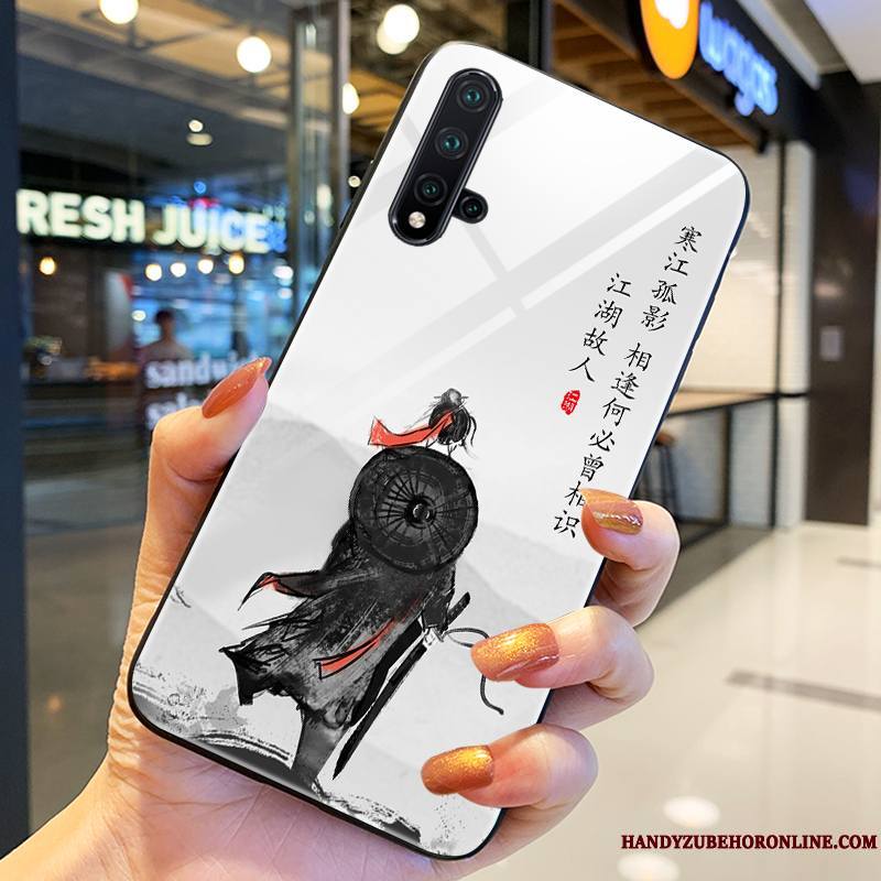 Honor 20 Coque Style Chinois Bordure Verre Blanc Étui Protection