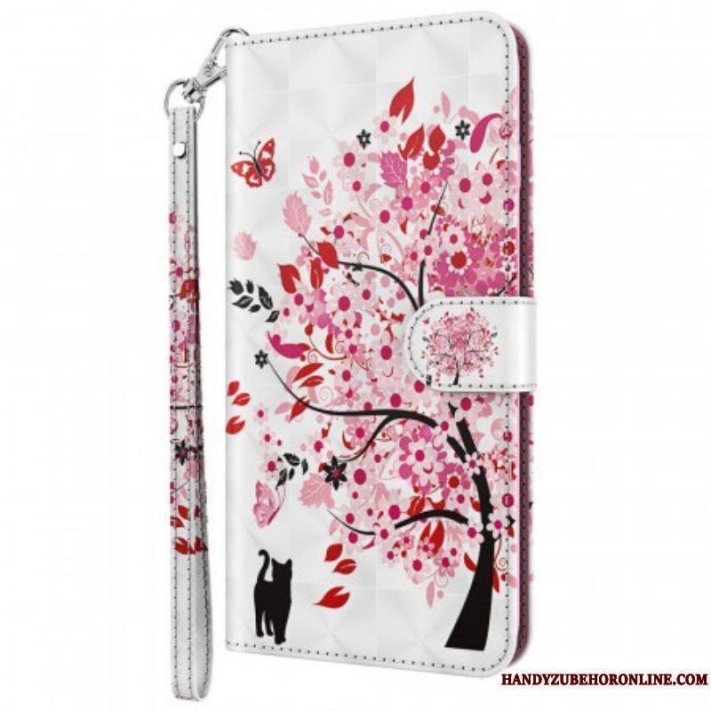 Housse Moto E40 / E30 / E20 Arbre Rose et Chat Noir