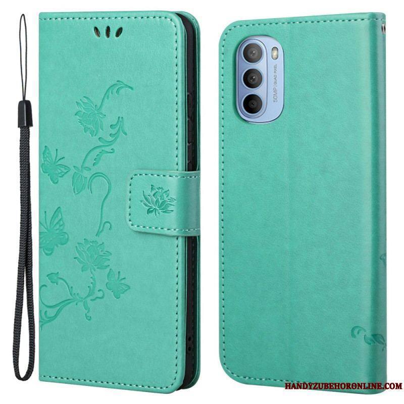 Housse Moto G41 / G31 Papillons et Fleurs à Lanière