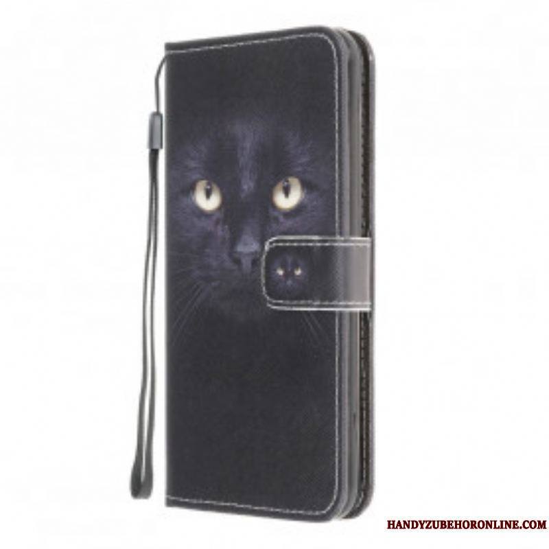 Housse Moto G50 Yeux de Chat Noir à Lanière