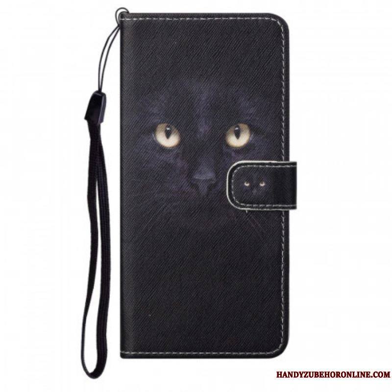 Housse Moto G71 5G Yeux de Chat Noir à Lanière