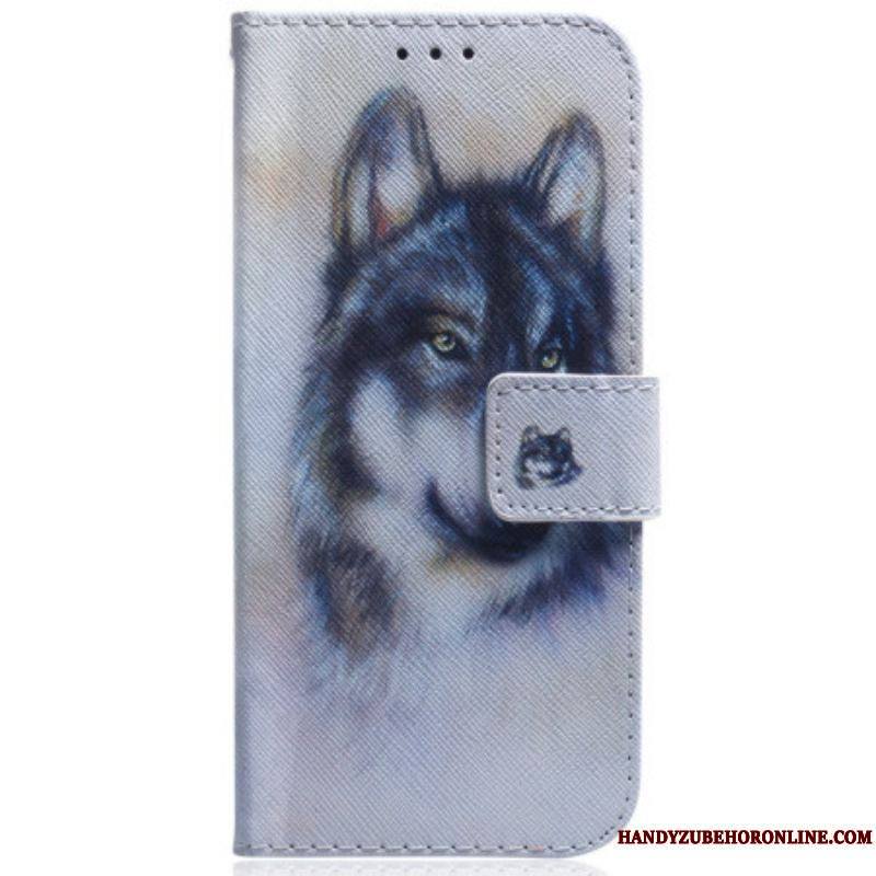 Housse Moto G73 5G Loup Aquarelle à Lanière