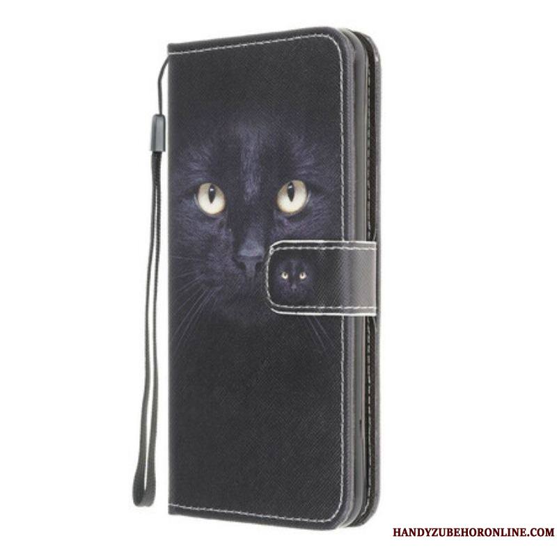 Housse Samsung Galaxy A12 / M12 Yeux de Chat Noir à Lanière