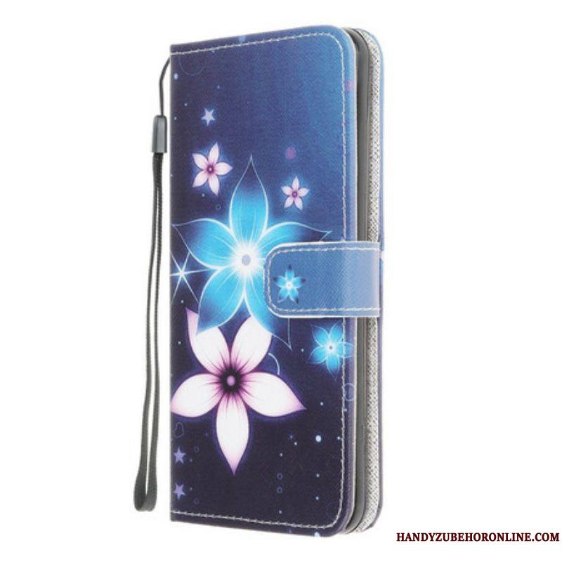 Housse Samsung Galaxy A42 5G Fleurs Lunaires à Lanière