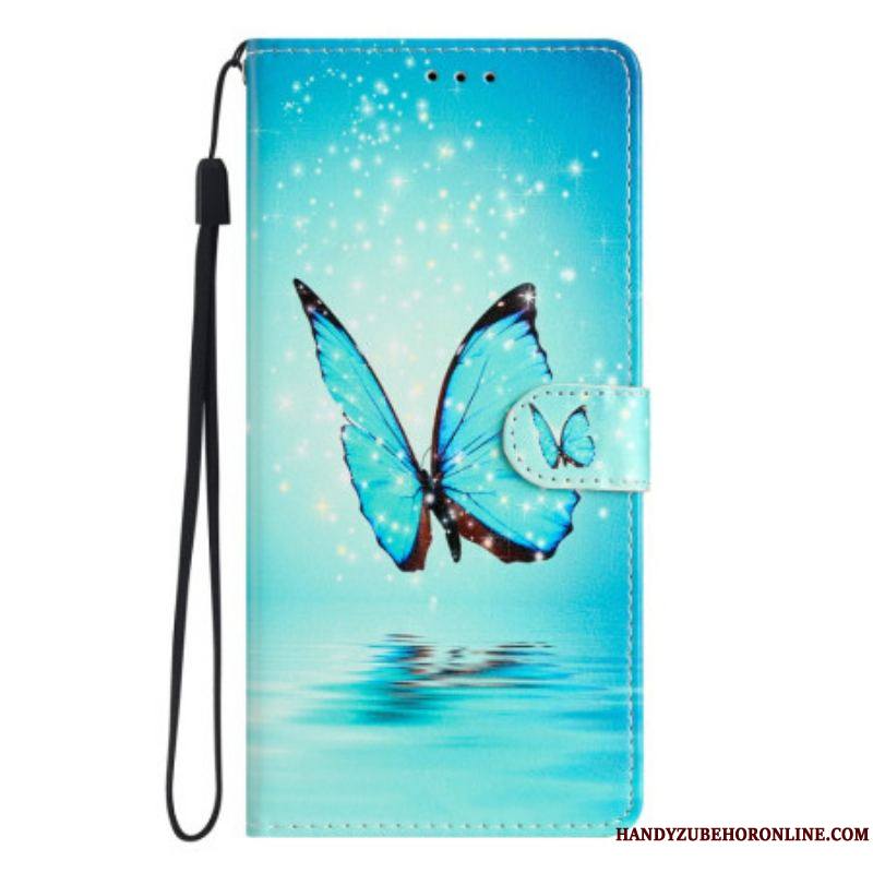 Housse Samsung Galaxy A53 5G Papillons Bleus à Lanière