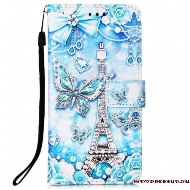 Housse Samsung Galaxy A53 5G Tour Eiffel Papillons à Lanière